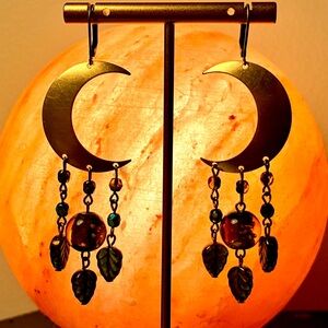 EVERMORE Crescent Moon Brass Czech Glass Statement Earrings Swift Witchy